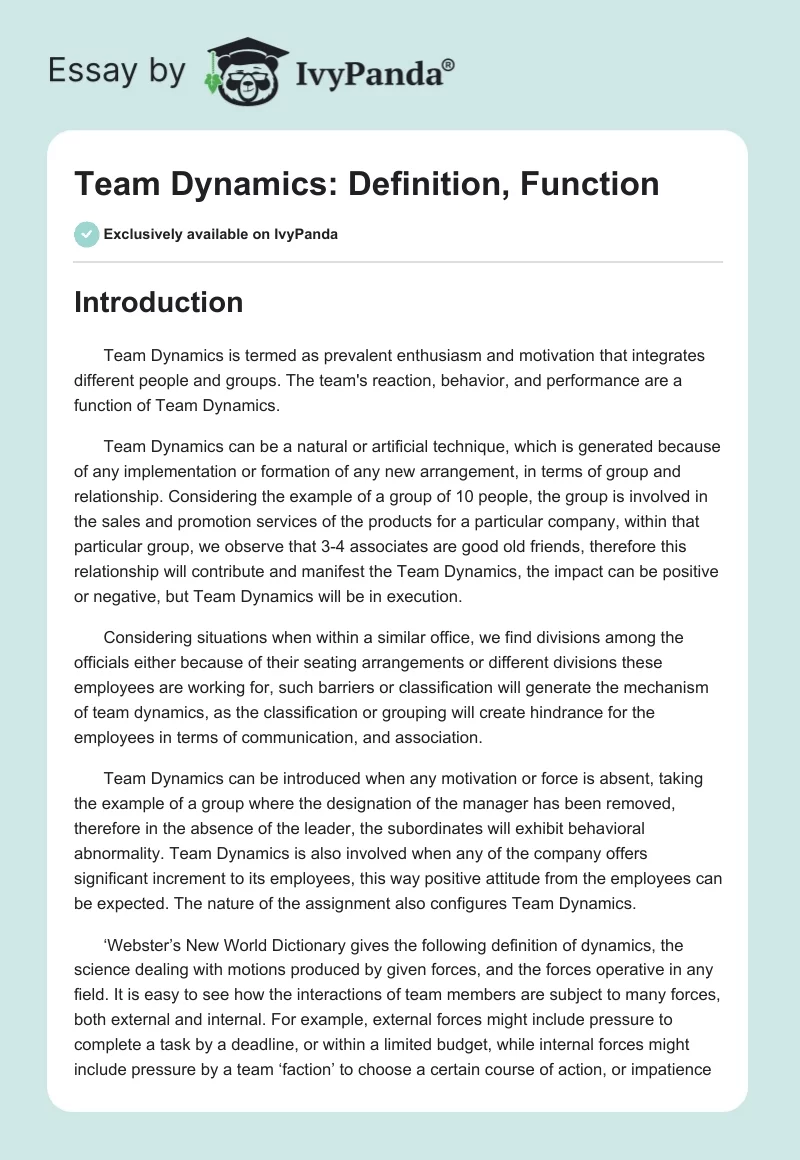 Team Dynamics: Definition, Function. Page 1