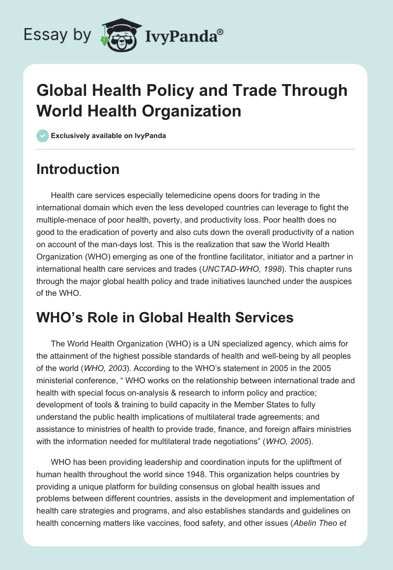 Global Health Policy and Trade Through World Health Organization. Page 1