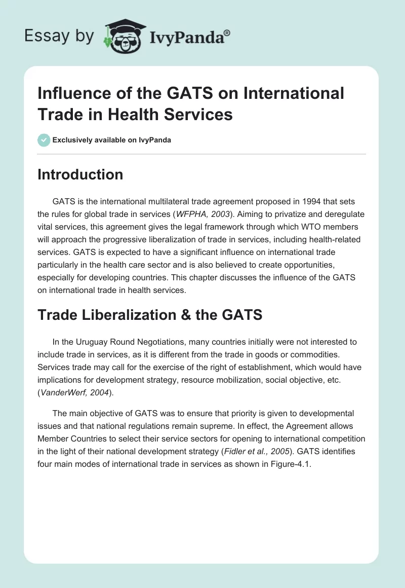 Influence of the GATS on International Trade in Health Services. Page 1