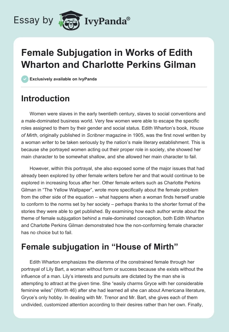 Female Subjugation in Works of Edith Wharton and Charlotte Perkins Gilman. Page 1