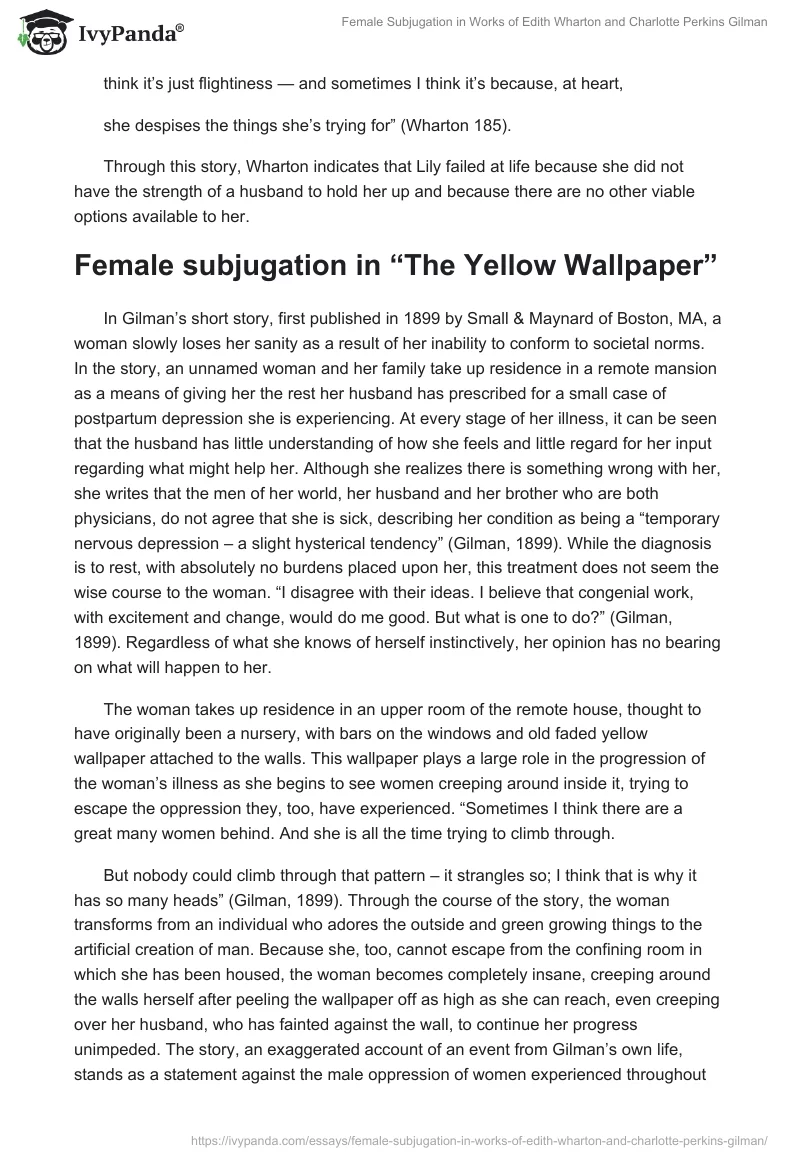 Female Subjugation in Works of Edith Wharton and Charlotte Perkins Gilman. Page 3