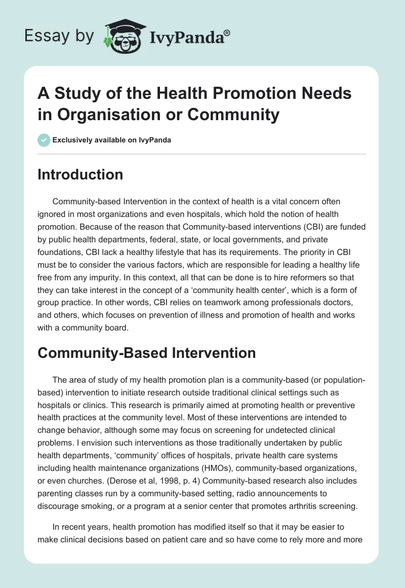 A Study of the Health Promotion Needs in Organisation or Community. Page 1
