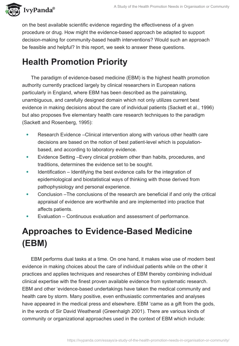 A Study of the Health Promotion Needs in Organisation or Community. Page 2
