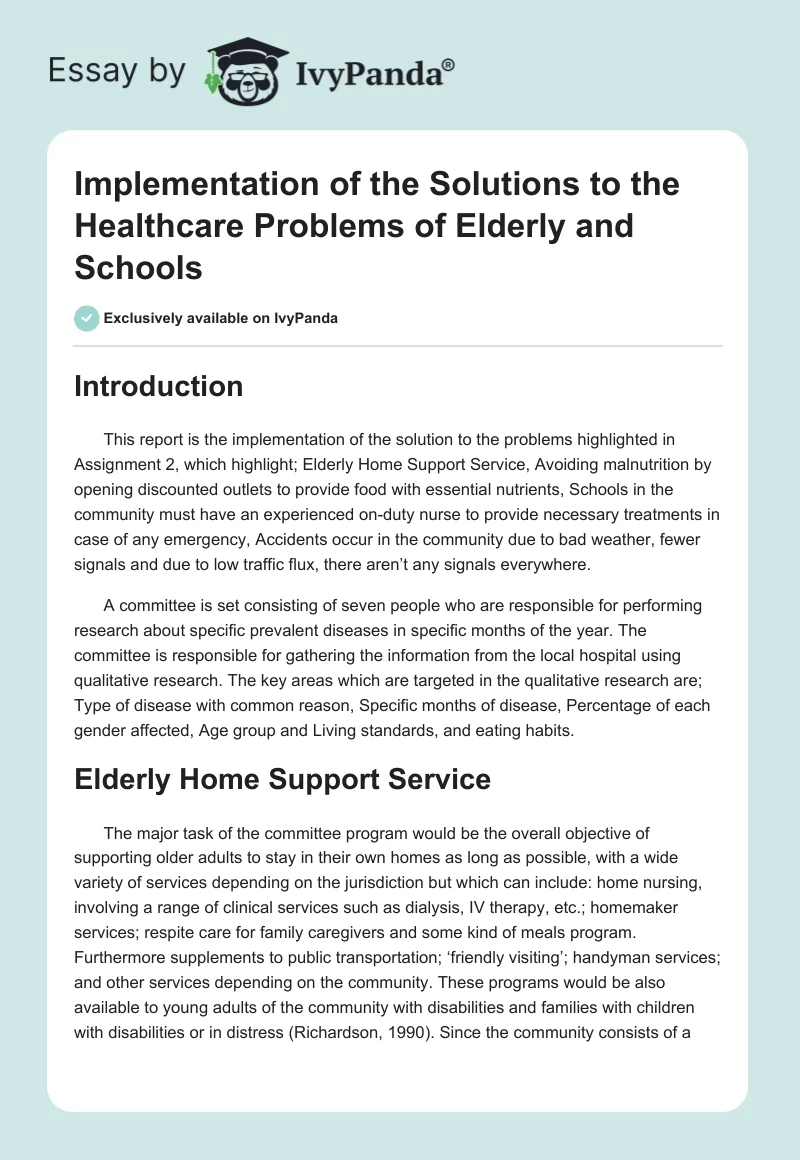 Implementation of the Solutions to the Healthcare Problems of Elderly and Schools. Page 1