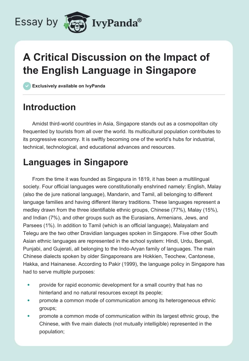 A Critical Discussion on the Impact of the English Language in Singapore. Page 1
