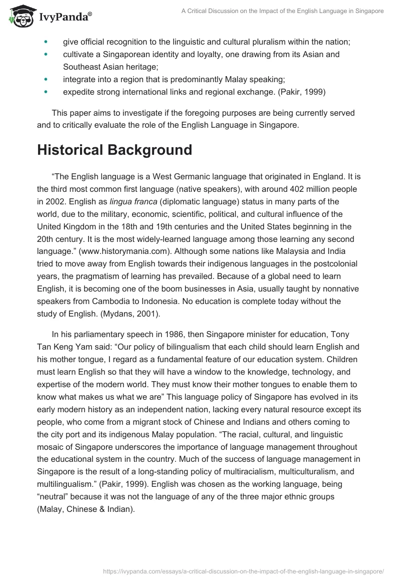 A Critical Discussion on the Impact of the English Language in Singapore. Page 2