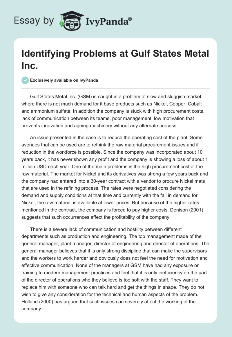 Identifying Problems at Gulf States Metal Inc.. Page 1