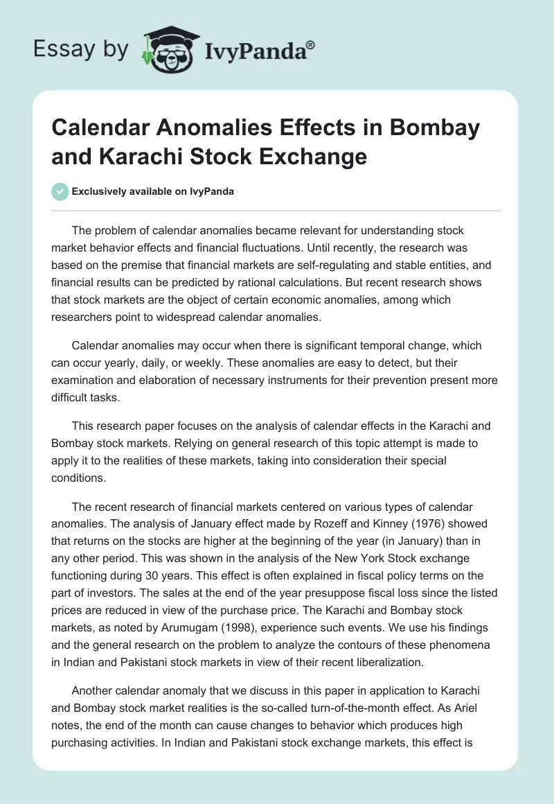 Calendar Anomalies Effects in Bombay and Karachi Stock Exchange. Page 1