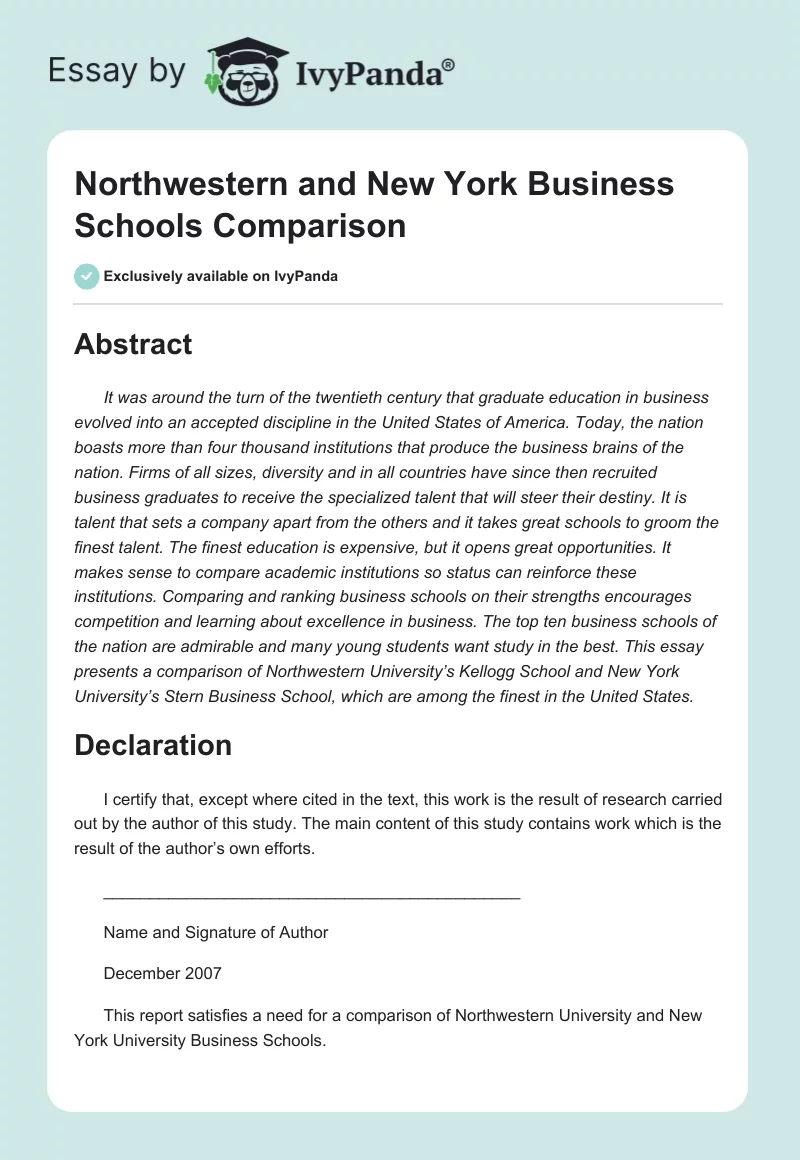 Northwestern and New York Business Schools Comparison. Page 1