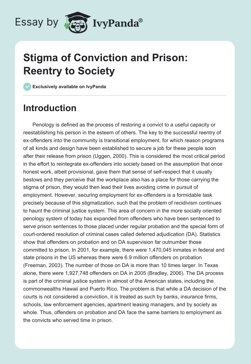 Stigma of Conviction and Prison: Reentry to Society. Page 1