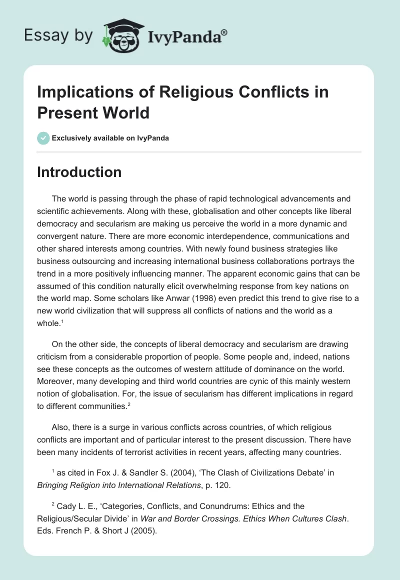 Implications of Religious Conflicts in Present World. Page 1