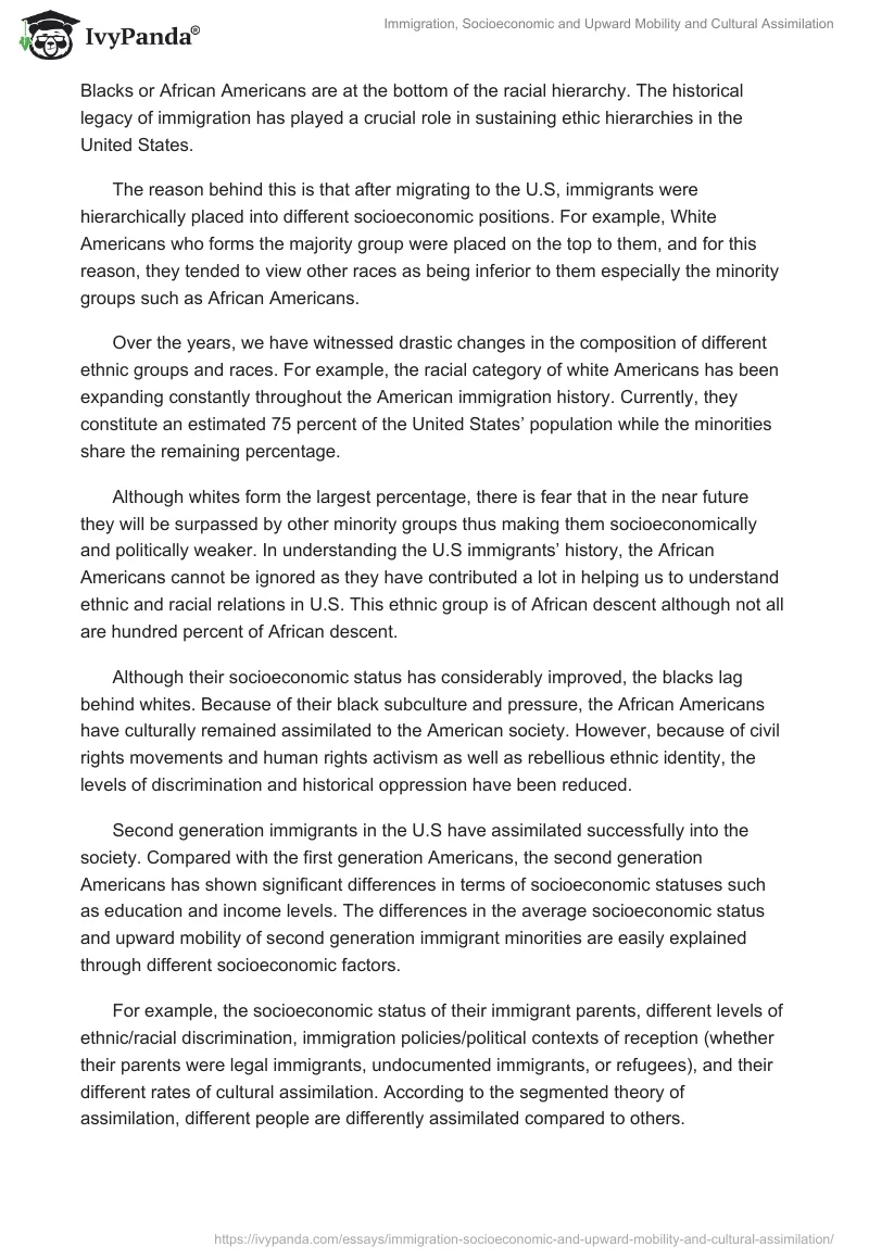 Immigration, Socioeconomic and Upward Mobility and Cultural Assimilation. Page 2