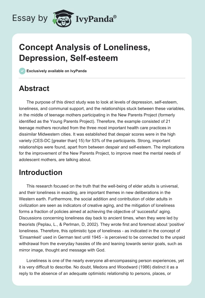 Concept Analysis of Loneliness, Depression, Self-esteem. Page 1