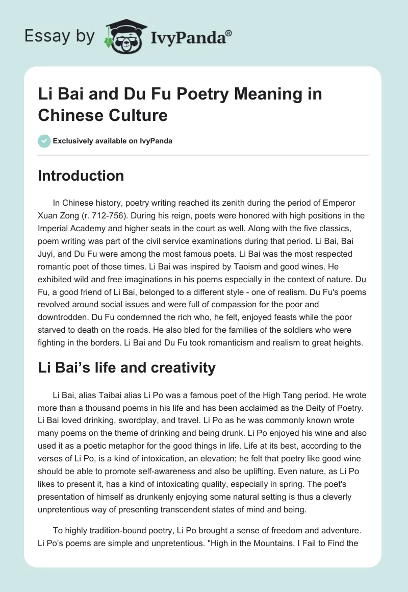 Li Bai and Du Fu Poetry Meaning in Chinese Culture. Page 1