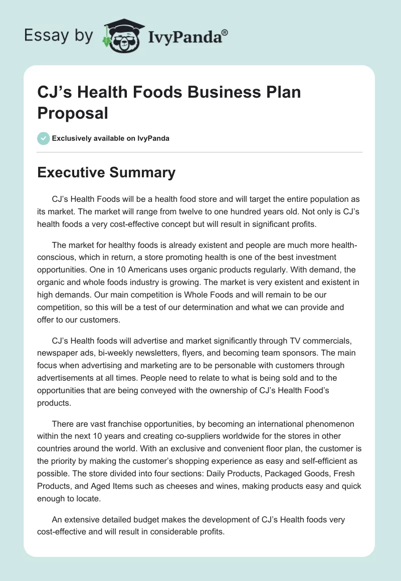 CJ’s Health Foods Business Plan Proposal. Page 1