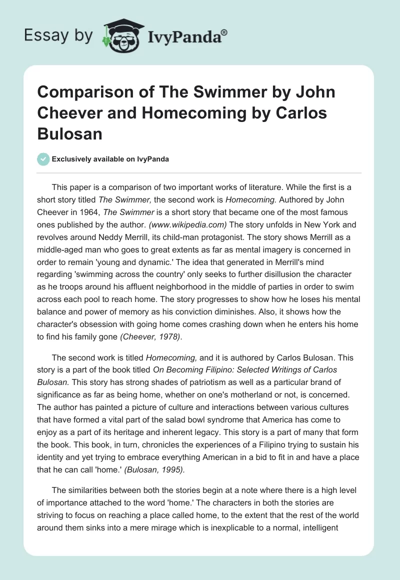 Comparison of "The Swimmer" by John Cheever and "Homecoming" by Carlos Bulosan. Page 1