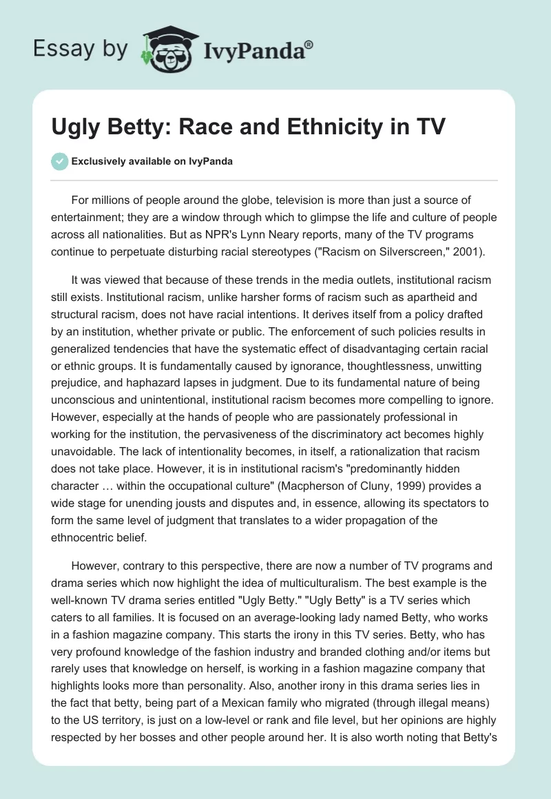 "Ugly Betty": Race and Ethnicity in TV. Page 1