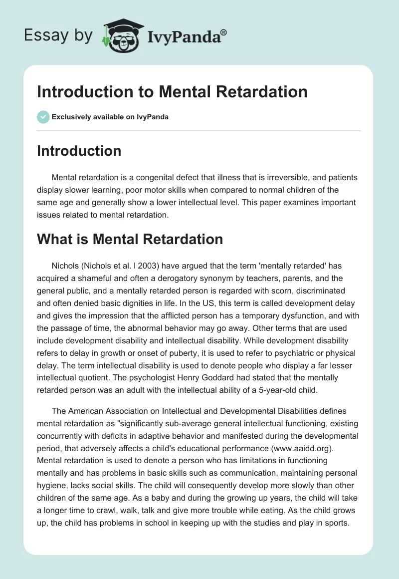 Introduction to Mental Retardation. Page 1