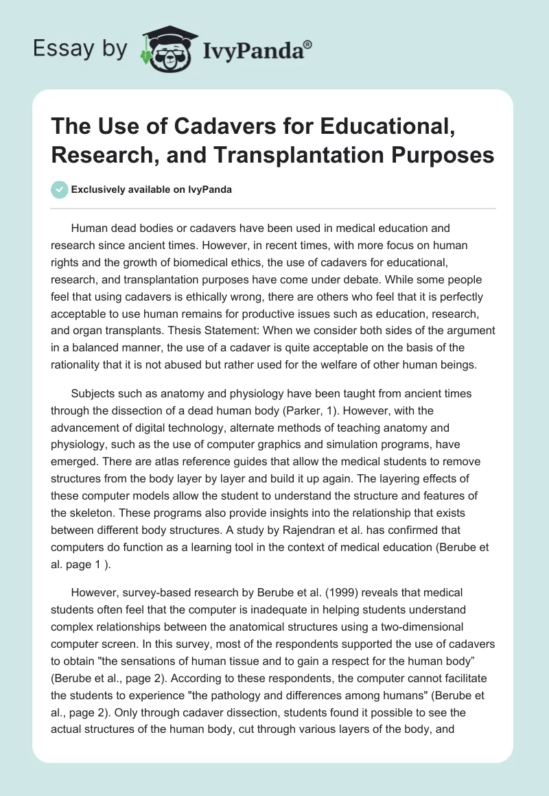 The Use of Cadavers for Educational, Research, and Transplantation Purposes. Page 1
