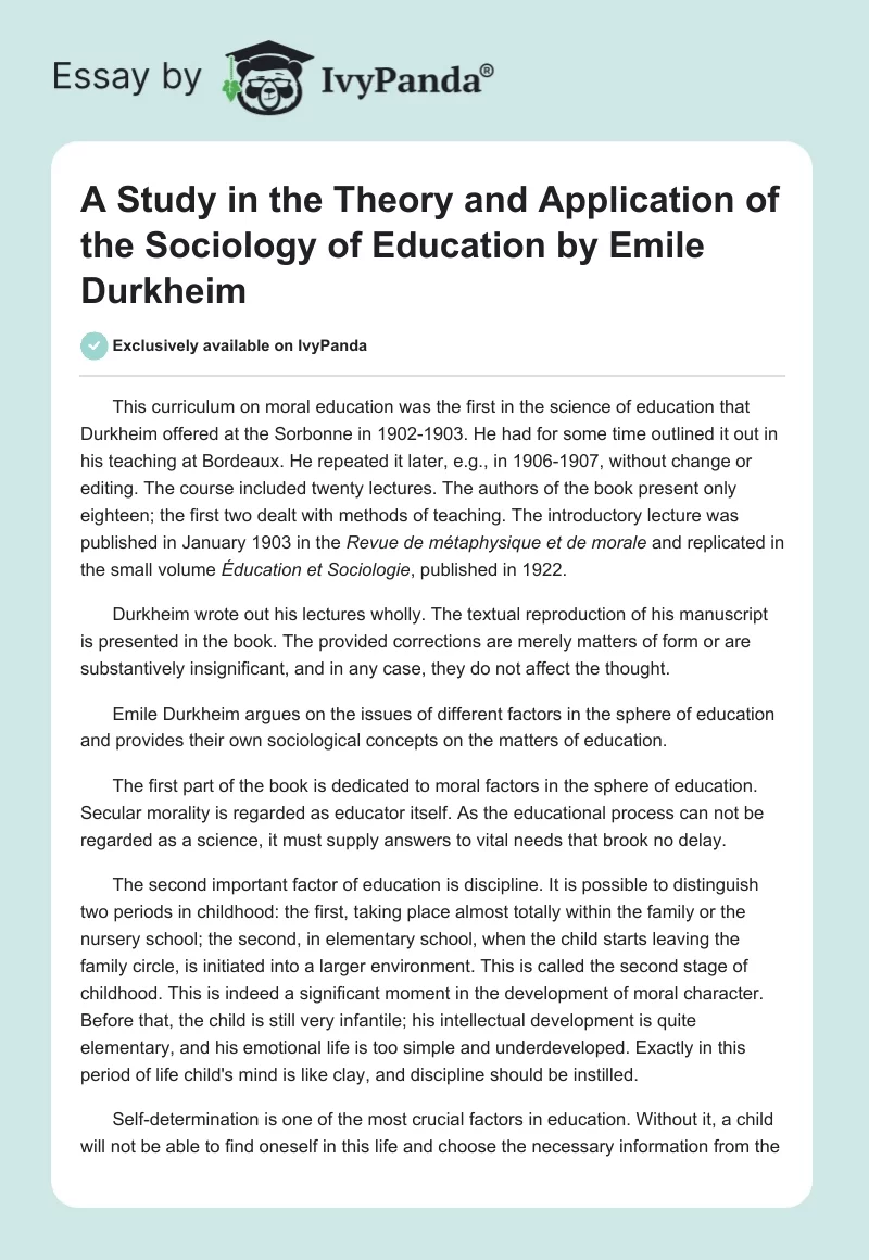 "A Study in the Theory and Application of the Sociology of Education" by Emile Durkheim. Page 1