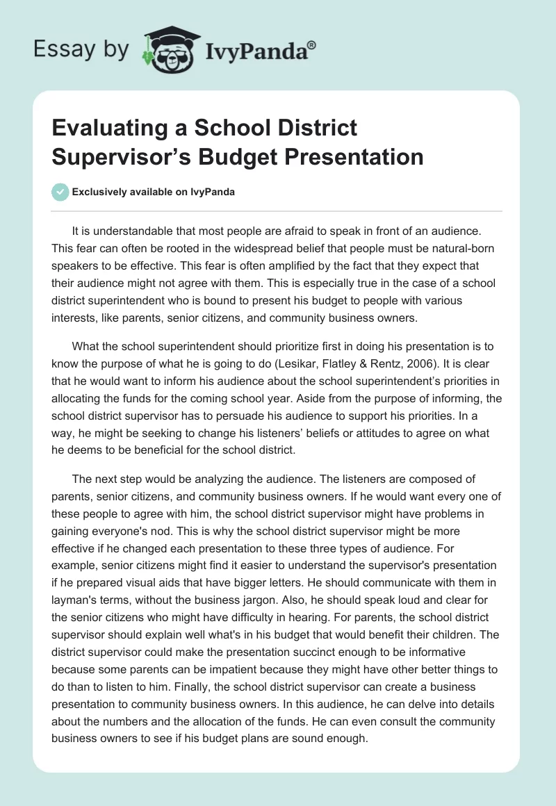 Evaluating a School District Supervisor’s Budget Presentation. Page 1