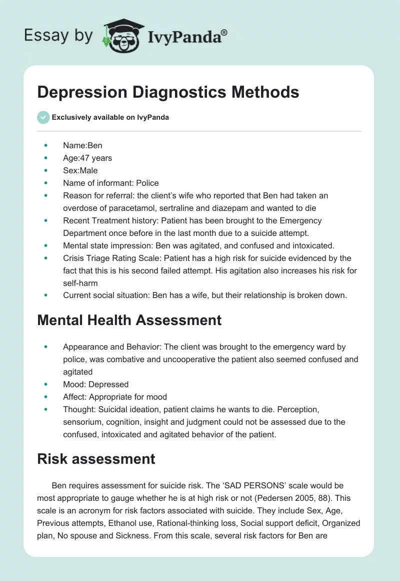 Depression Diagnostics Methods. Page 1