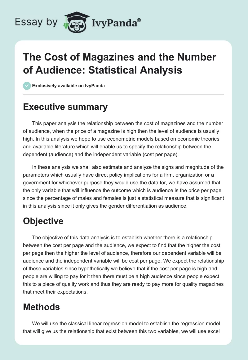 The Cost of Magazines and the Number of Audience: Statistical Analysis. Page 1