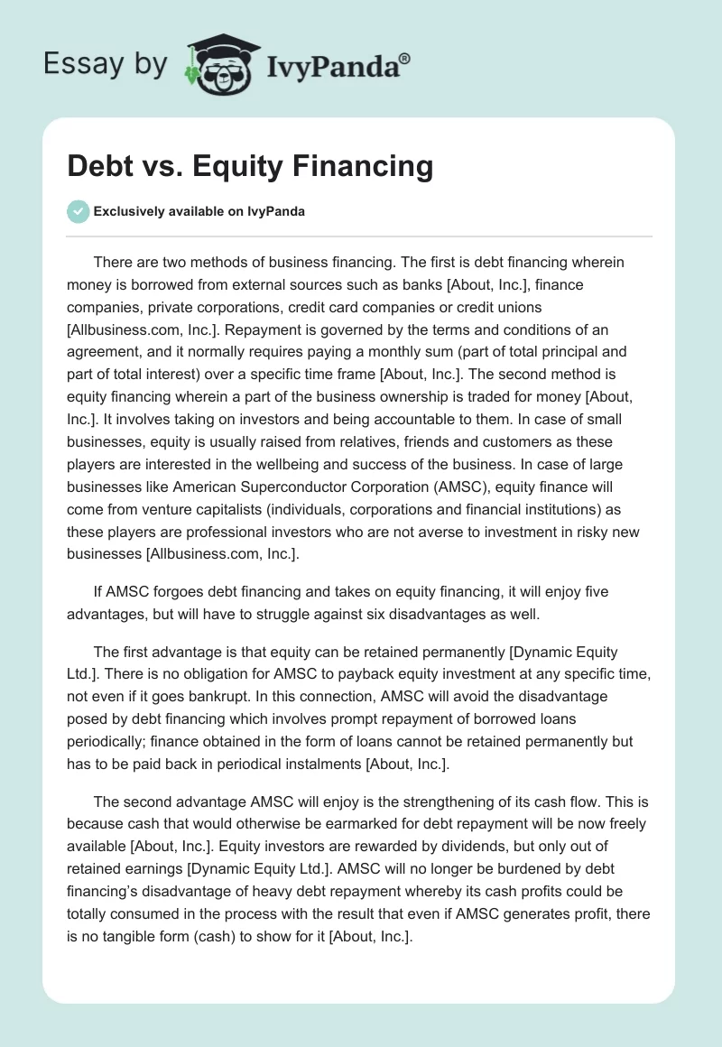 Debt vs. Equity Financing. Page 1