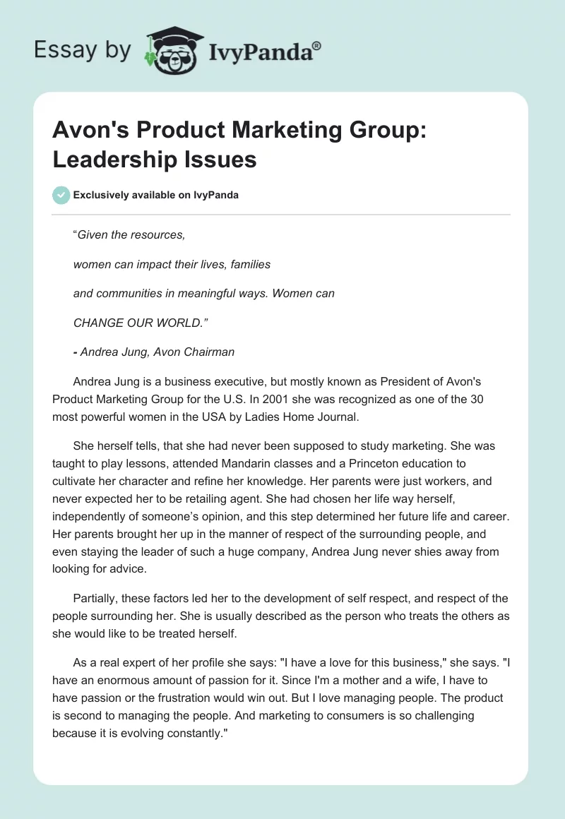 Avon's Product Marketing Group: Leadership Issues. Page 1