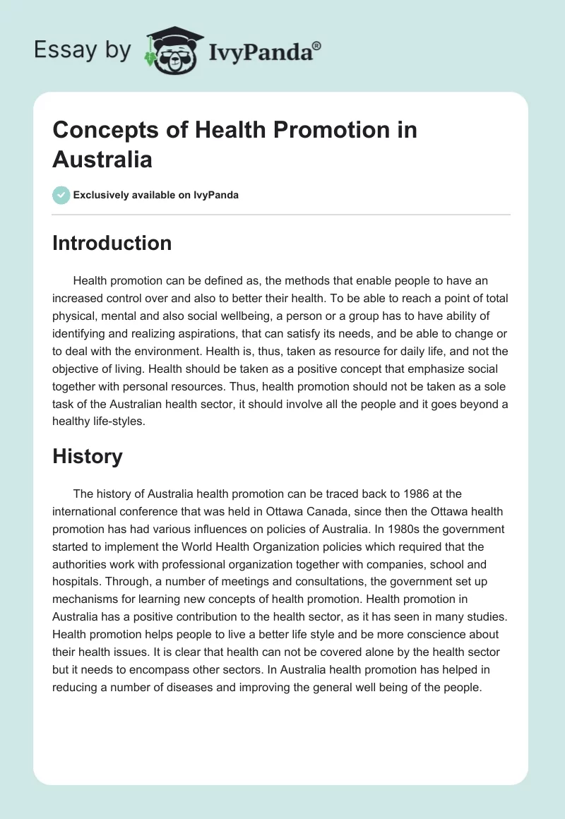 Concepts of Health Promotion in Australia. Page 1