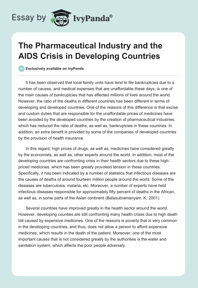 The Pharmaceutical Industry and the AIDS Crisis in Developing Countries. Page 1