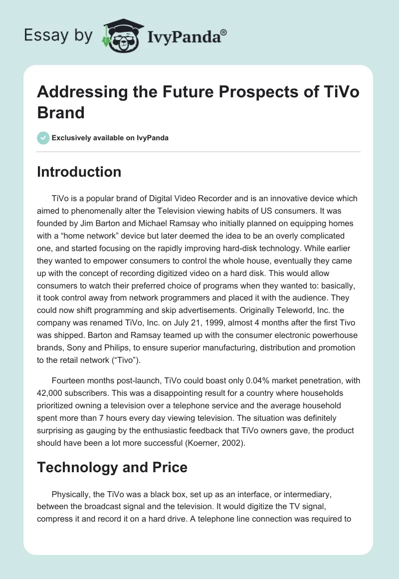 Addressing the Future Prospects of TiVo Brand. Page 1