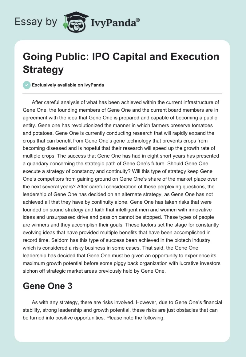 Going Public: IPO Capital and Execution Strategy. Page 1