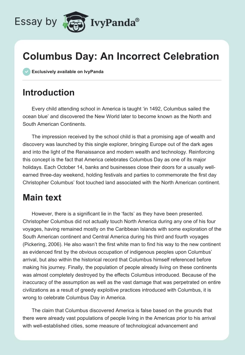 Columbus Day: An Incorrect Celebration. Page 1
