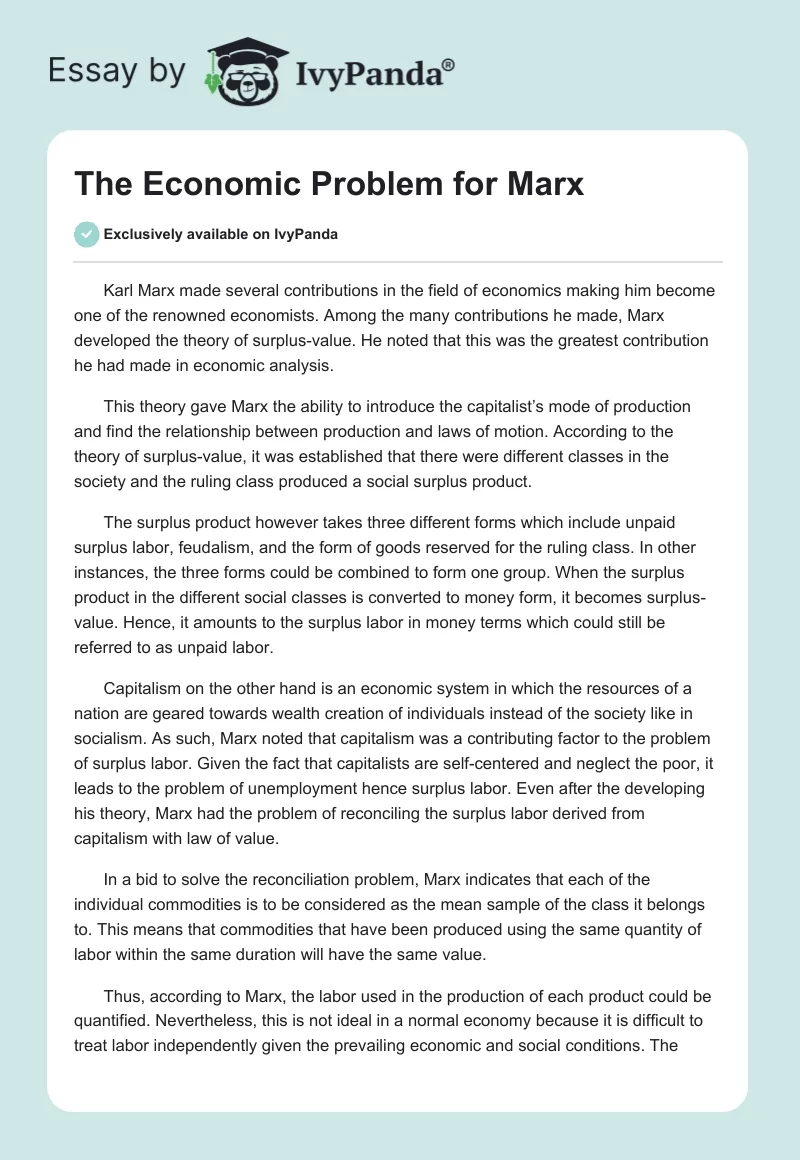 The Economic Problem for Marx. Page 1