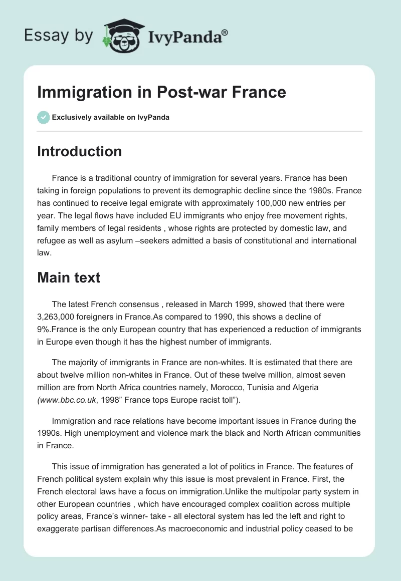 Immigration in Post-war France. Page 1