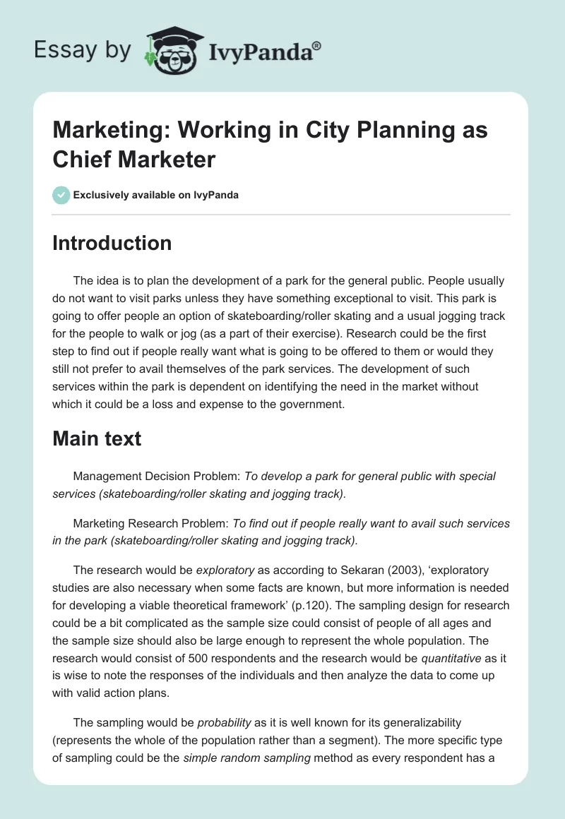 Marketing: Working in City Planning as Chief Marketer. Page 1