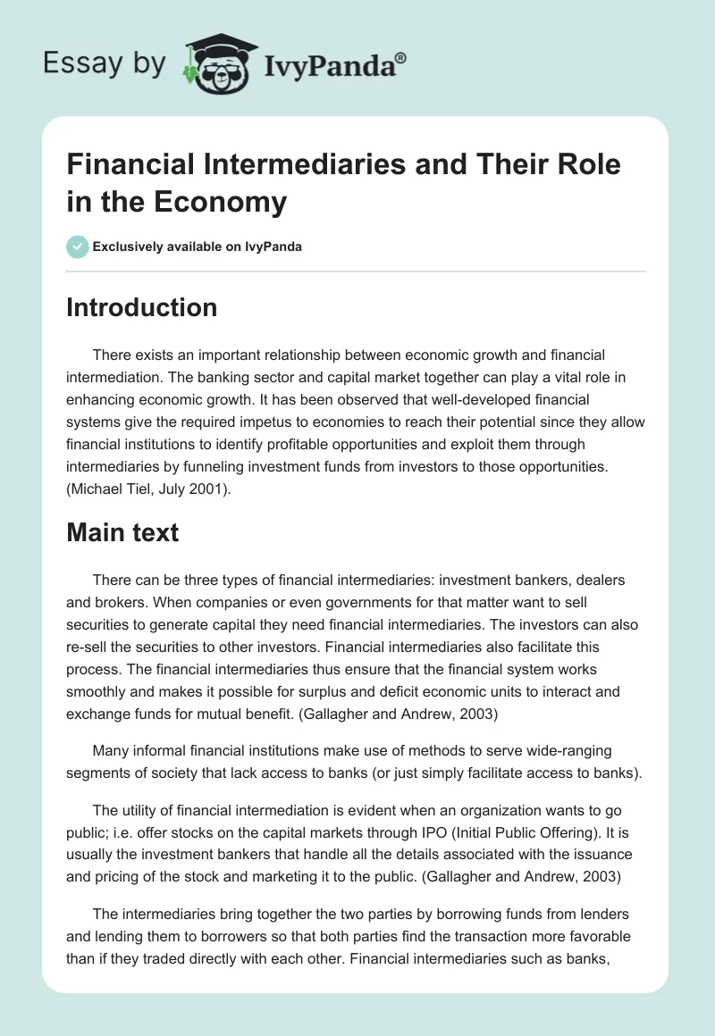 Financial Intermediaries and Their Role in the Economy. Page 1