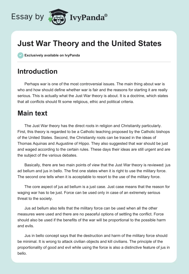 Just War Theory and the United States. Page 1