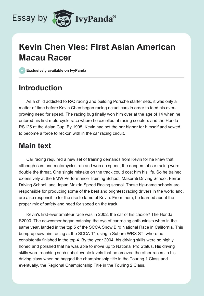 Kevin Chen Vies: First Asian American Macau Racer. Page 1