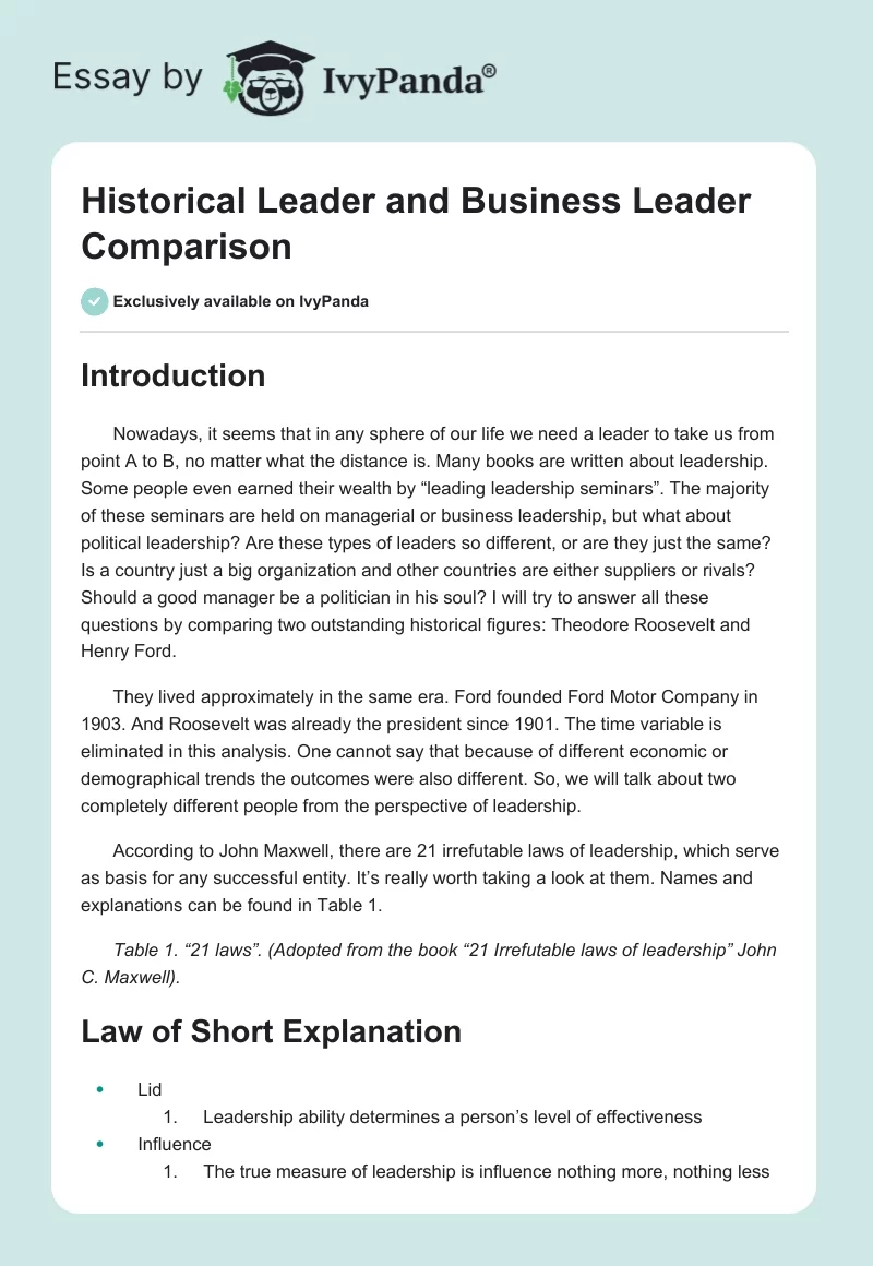 Historical Leader and Business Leader Comparison. Page 1