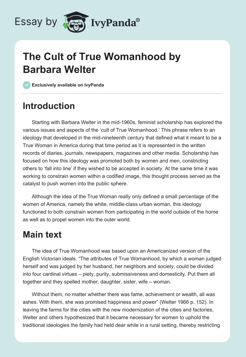 "The Cult of True Womanhood" by Barbara Welter. Page 1