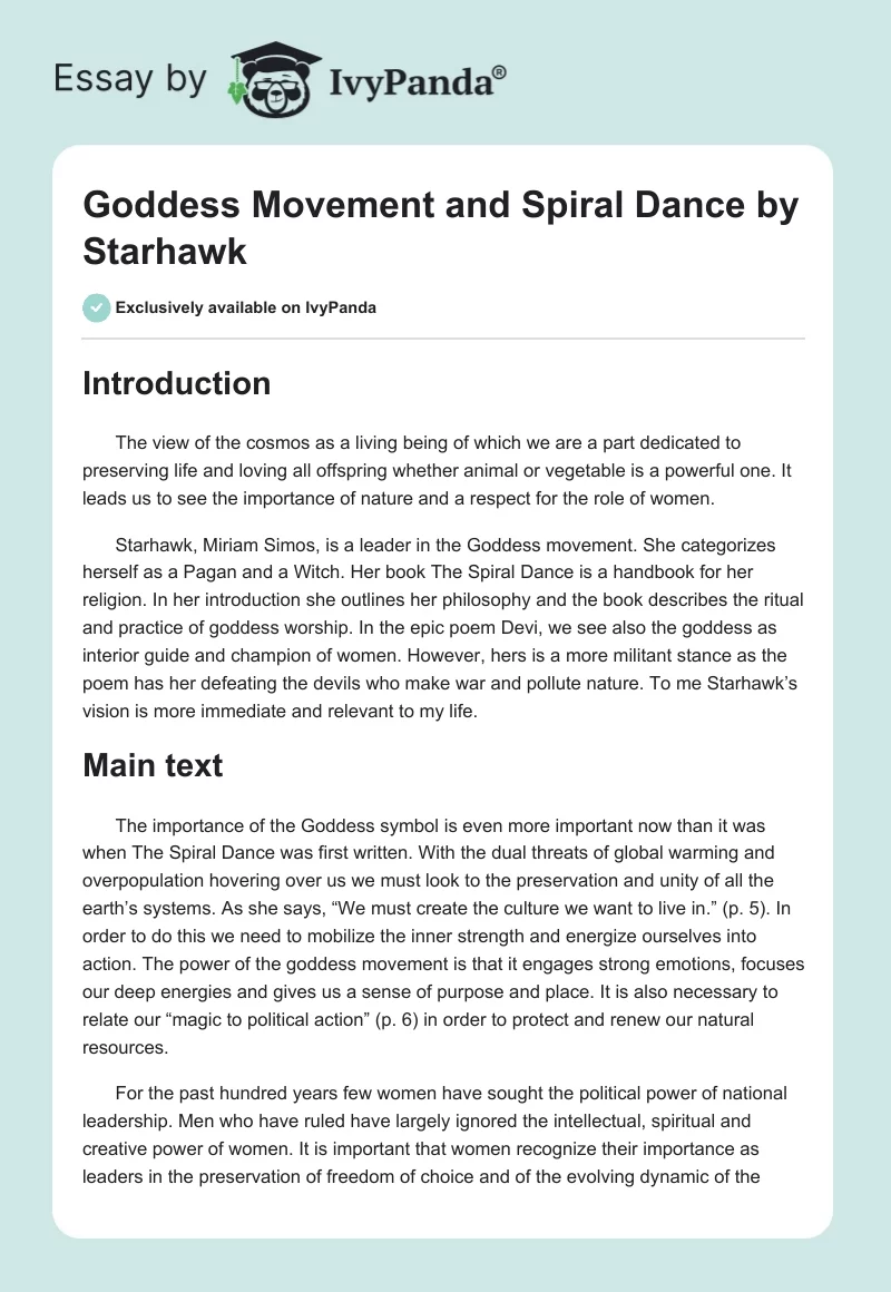 Goddess Movement and "Spiral Dance" by Starhawk. Page 1