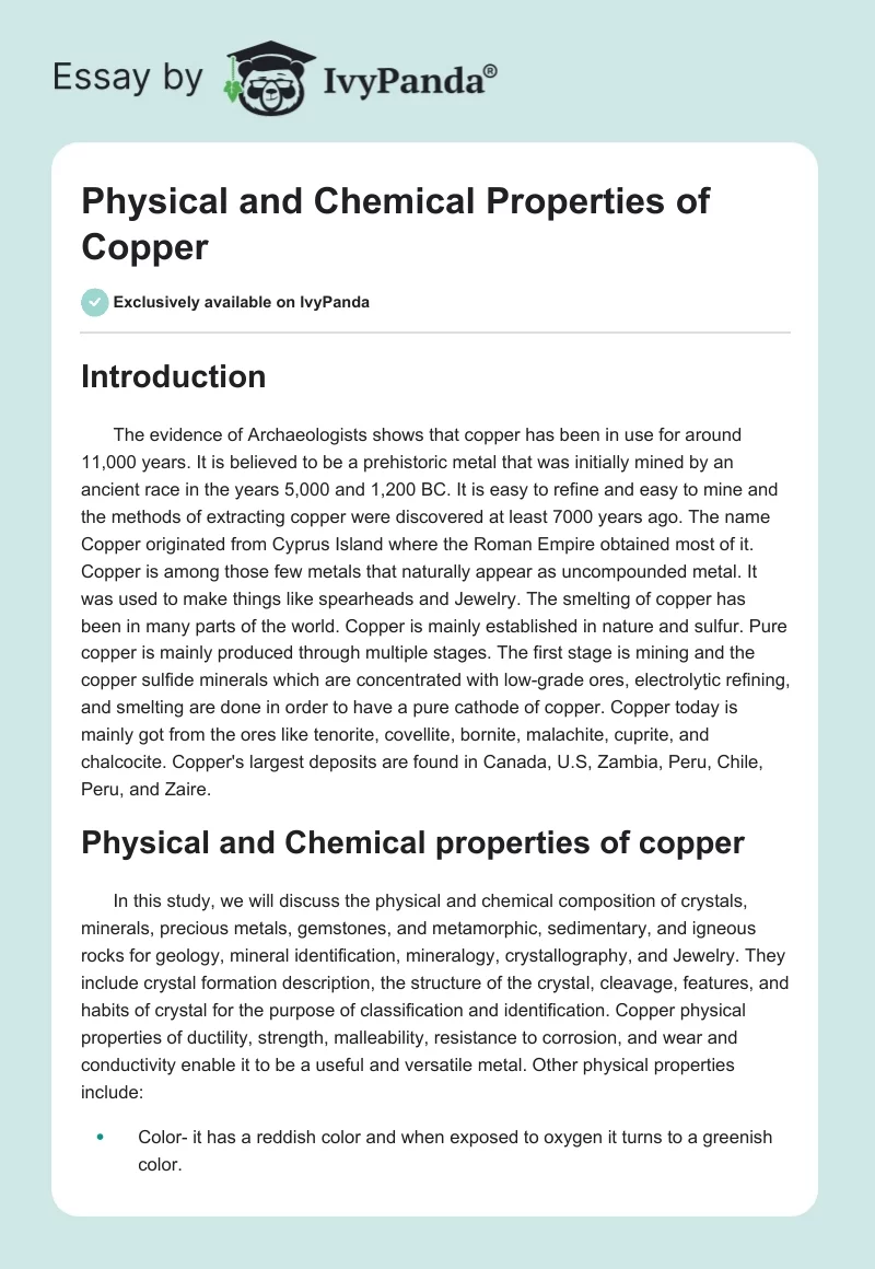 Physical and Chemical Properties of Copper. Page 1