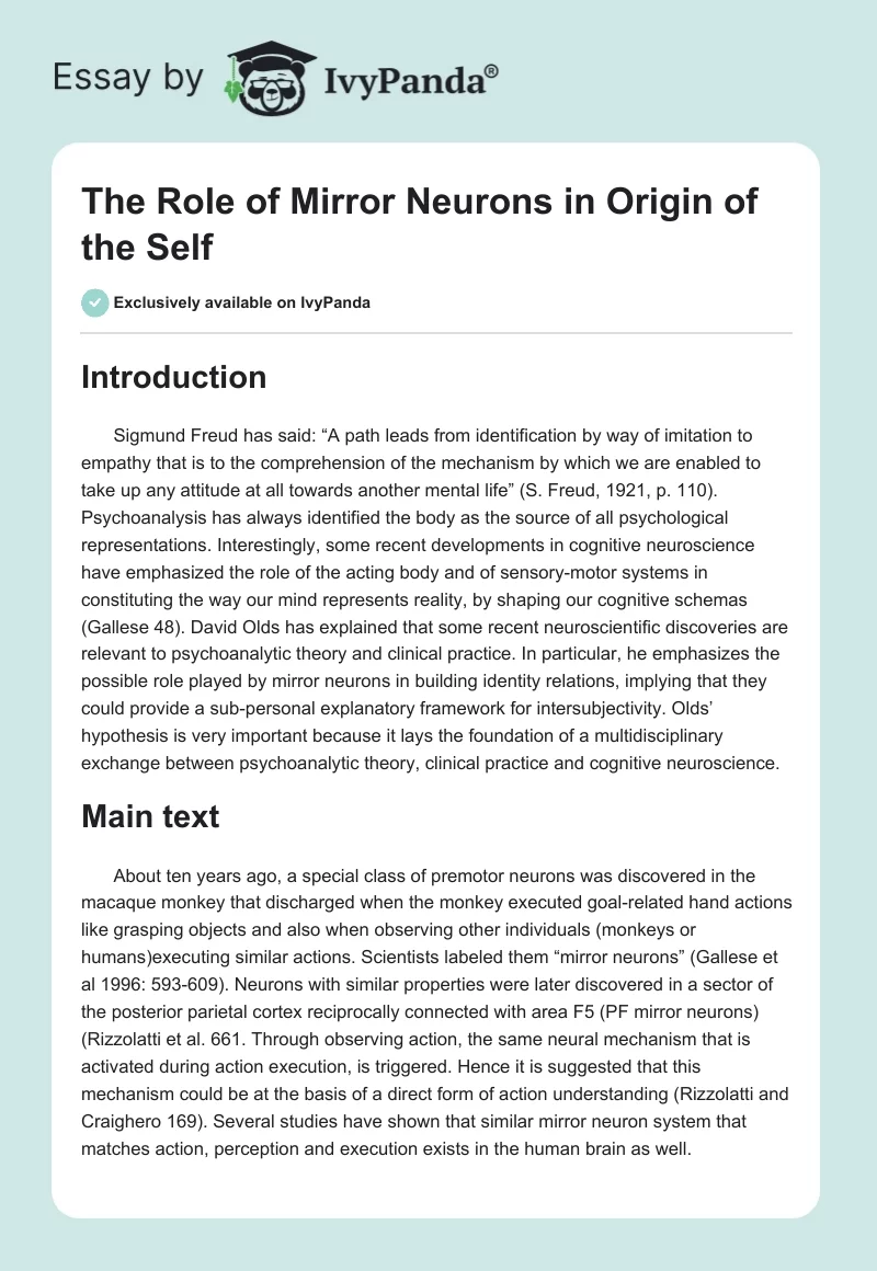 The Role of Mirror Neurons in Origin of the Self. Page 1