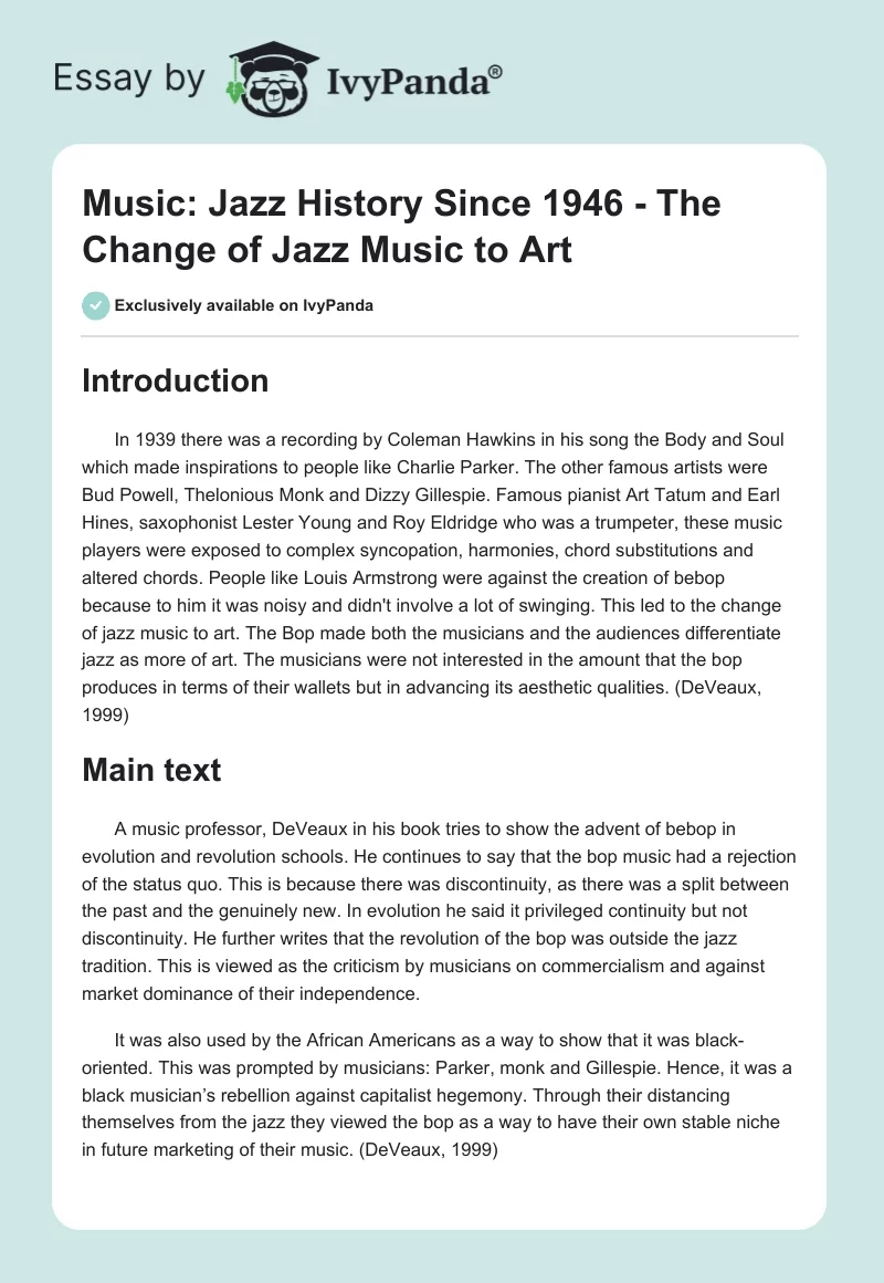 Music: Jazz History Since 1946 - The Change of Jazz Music to Art. Page 1