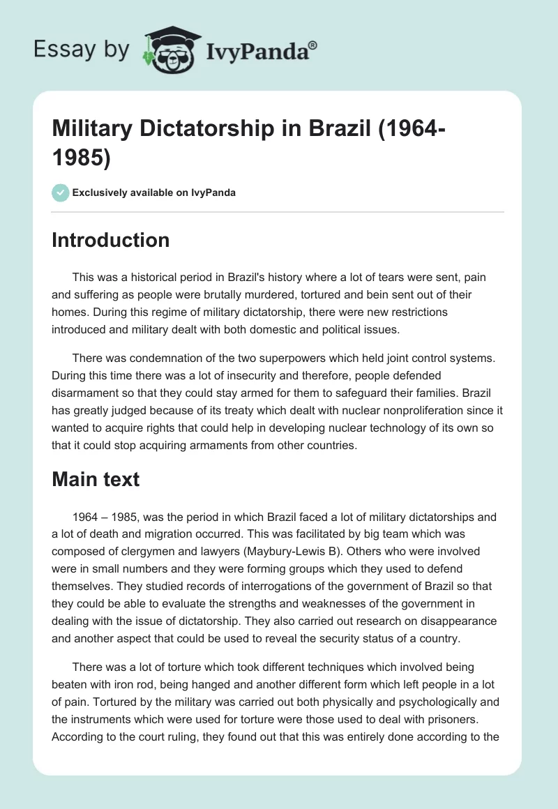 Military Dictatorship in Brazil (1964-1985). Page 1