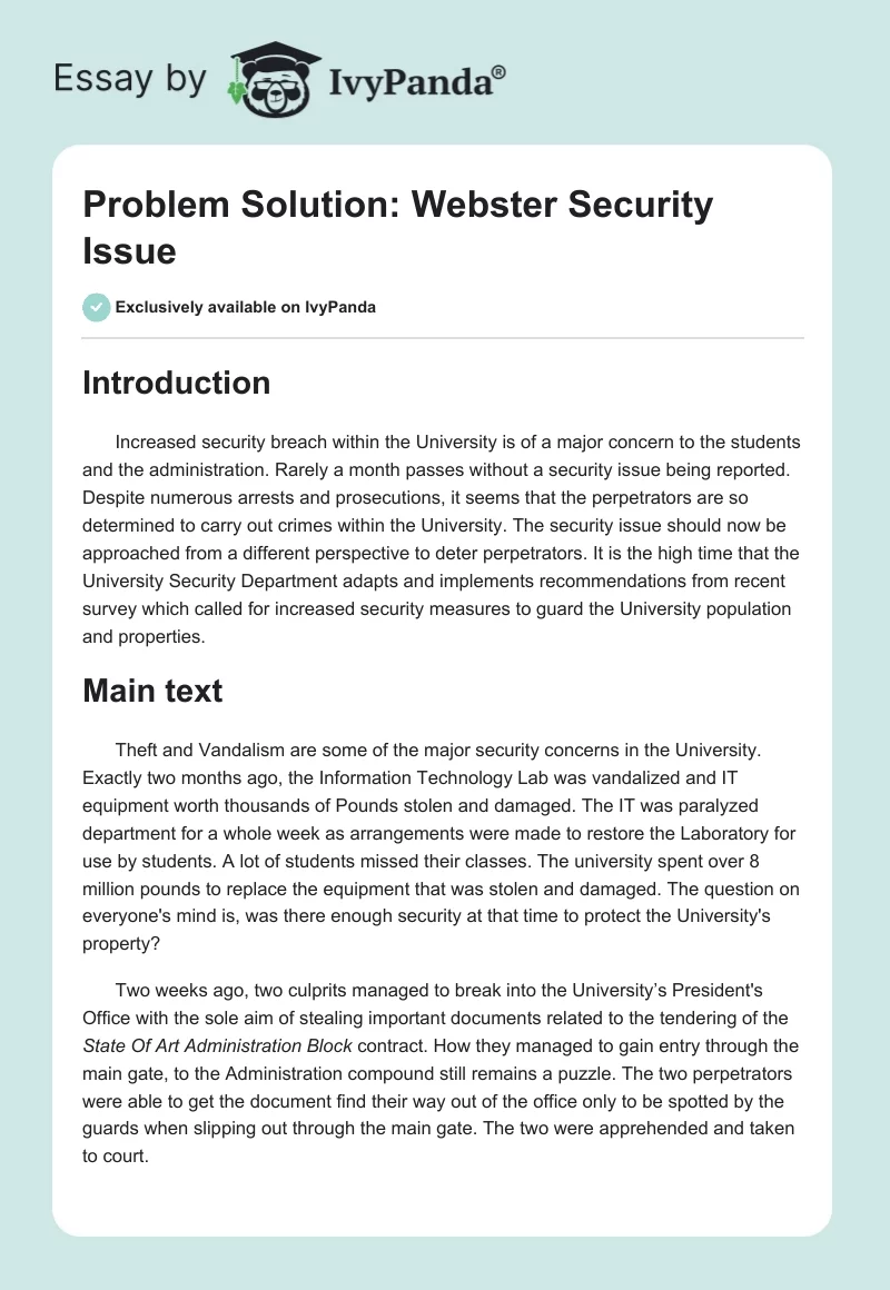 Problem Solution: Webster Security Issue. Page 1