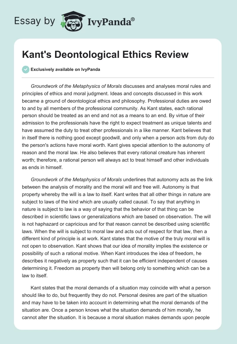 Kant's Deontological Ethics Review. Page 1