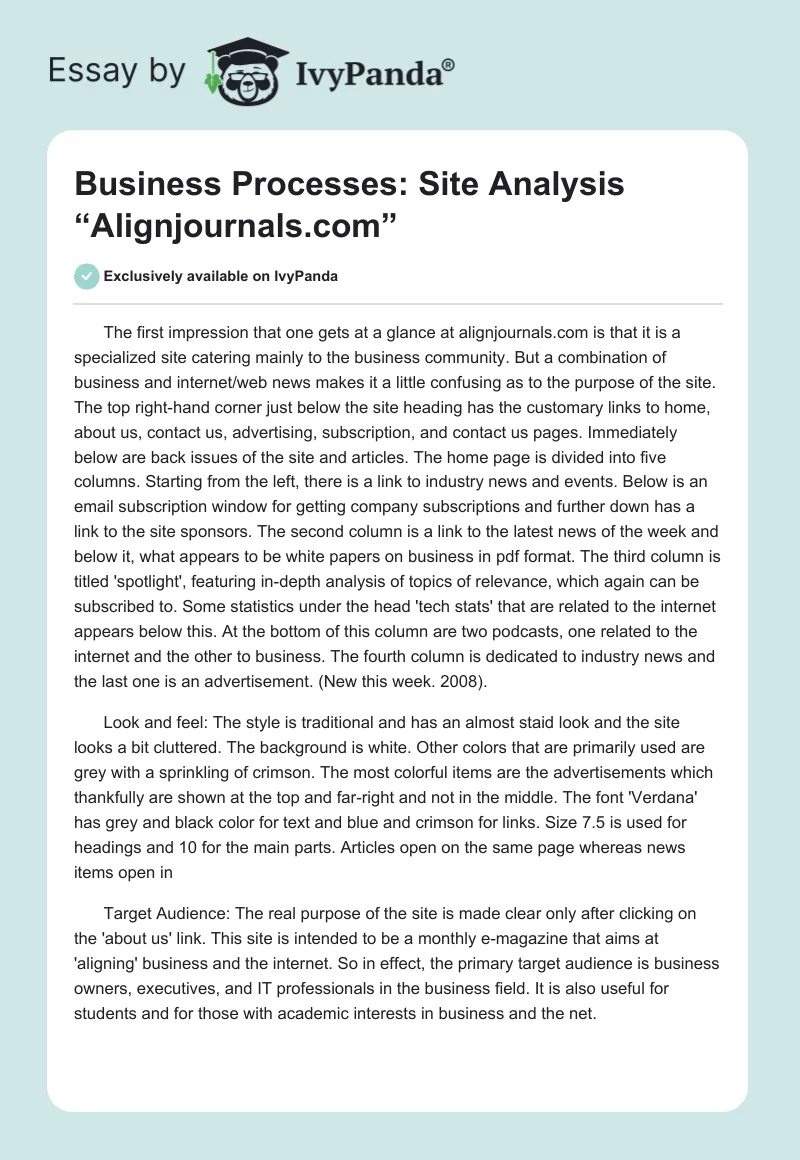 Business Processes: Site Analysis “Alignjournals.com”. Page 1
